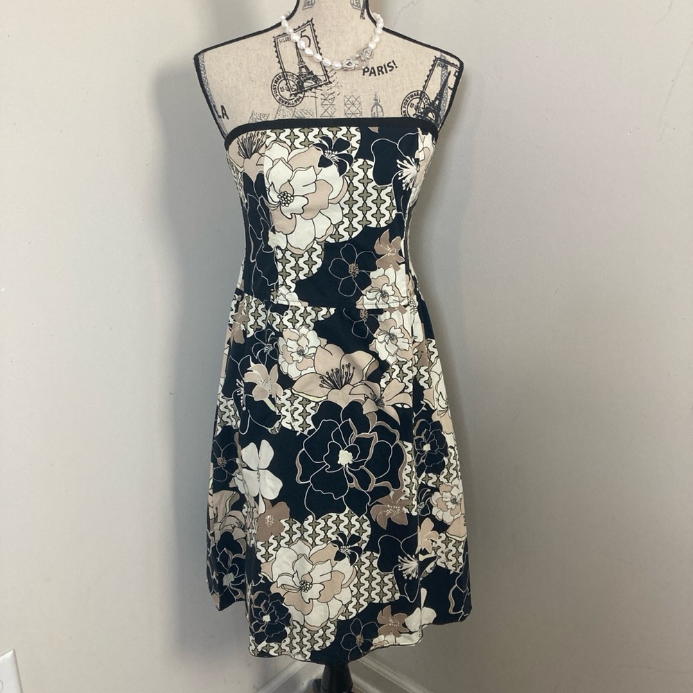 Old Navy Women’s Black Cream Beige  Floral Strapless Mini Cotton Aline Dress